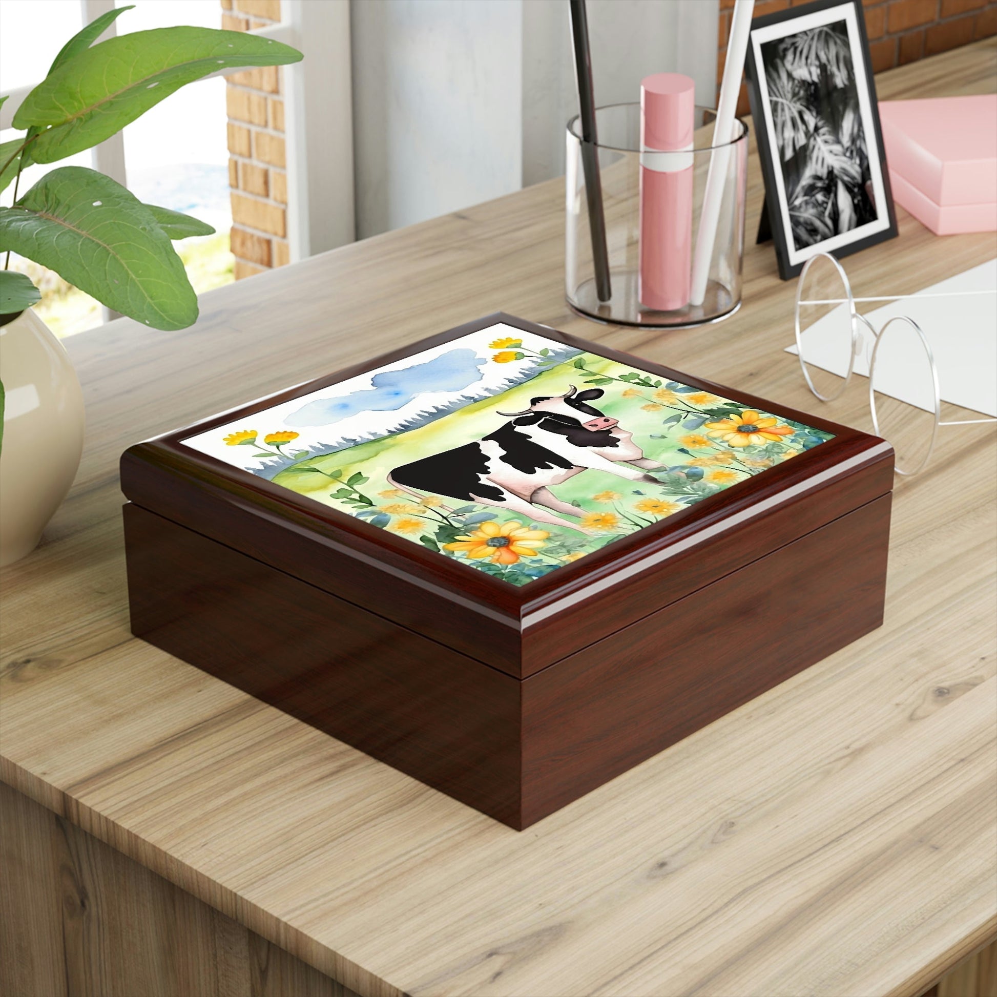 Rustic Folk Art Watercolor Holstein Cow Design Wooden Keepsake Jewelry Box