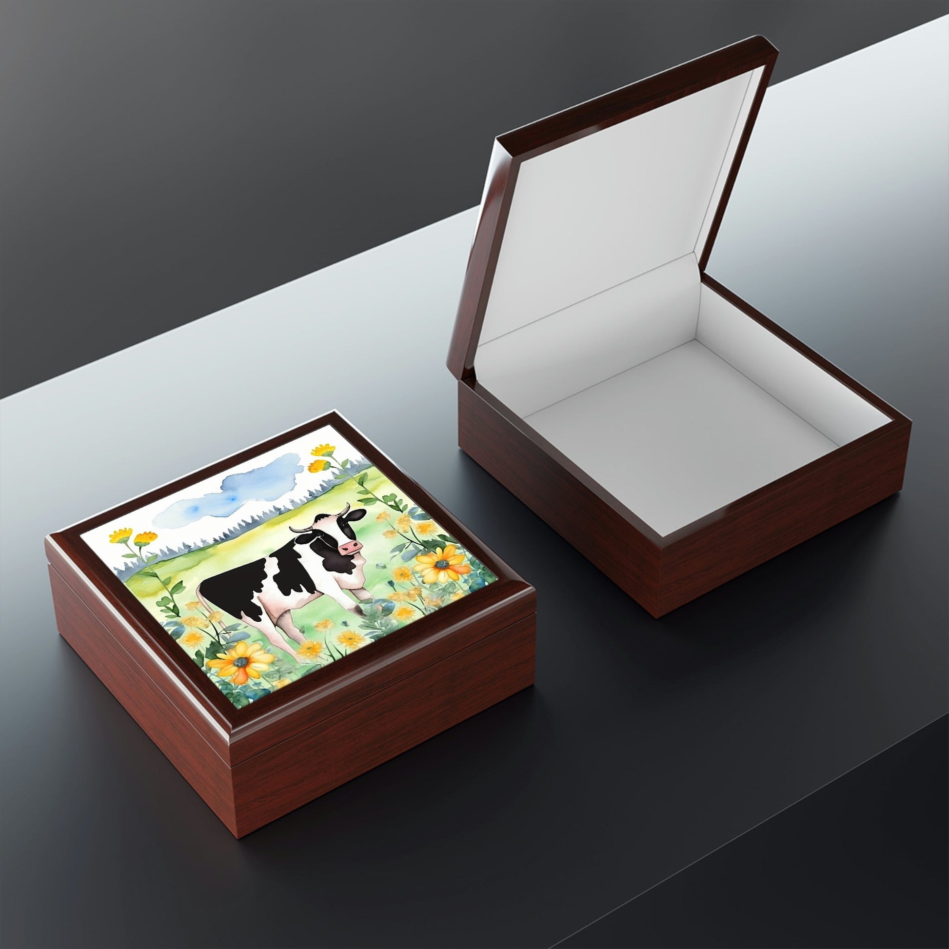 Rustic Folk Art Watercolor Holstein Cow Design Wooden Keepsake Jewelry Box