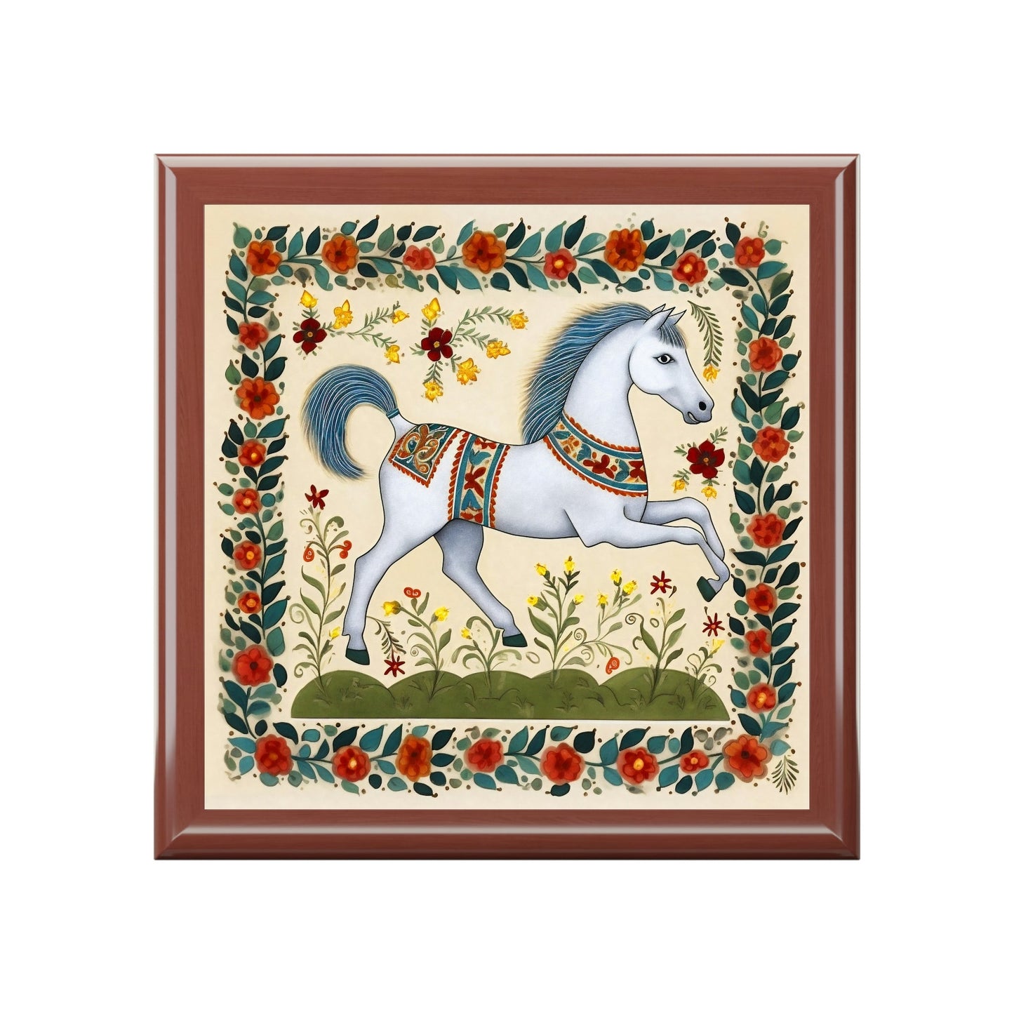 Rustic Folk Art White Horse Design Wooden Keepsake Jewelry Box