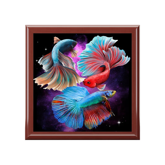 Siamese Fighting Fish (Bettas) Wood Keepsake Jewelry Box with Ceramic Tile Cover