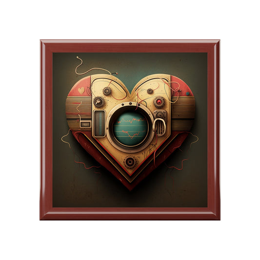 Steampunk Heart Wood Keepsake Jewelry Box with Ceramic Tile Cover