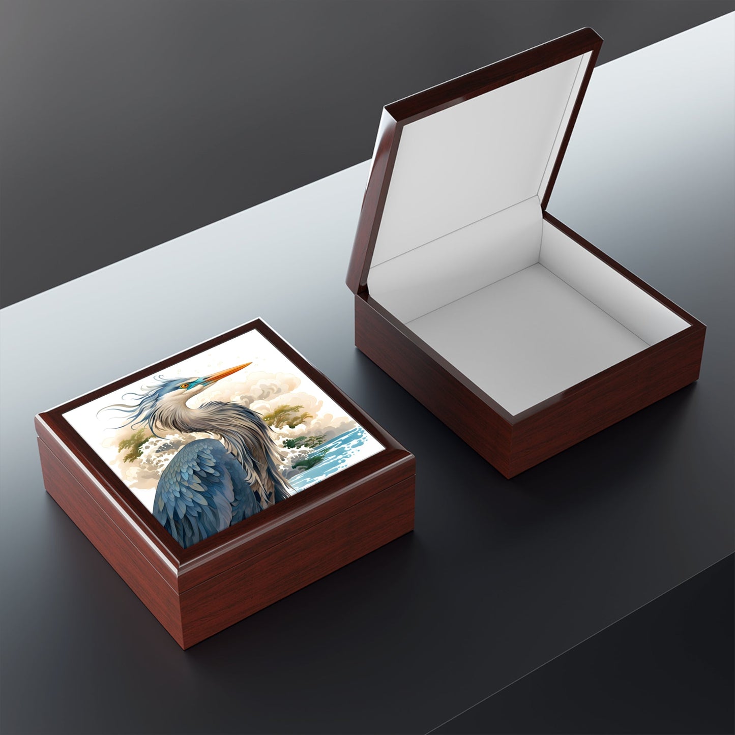 Stylized Great Blue Heron Artwork Gift and Jewelry Box