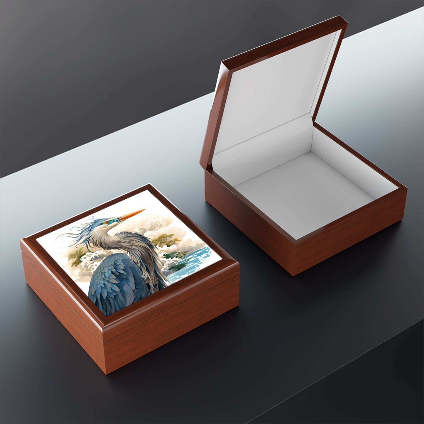 Stylized Great Blue Heron Artwork Gift and Jewelry Box