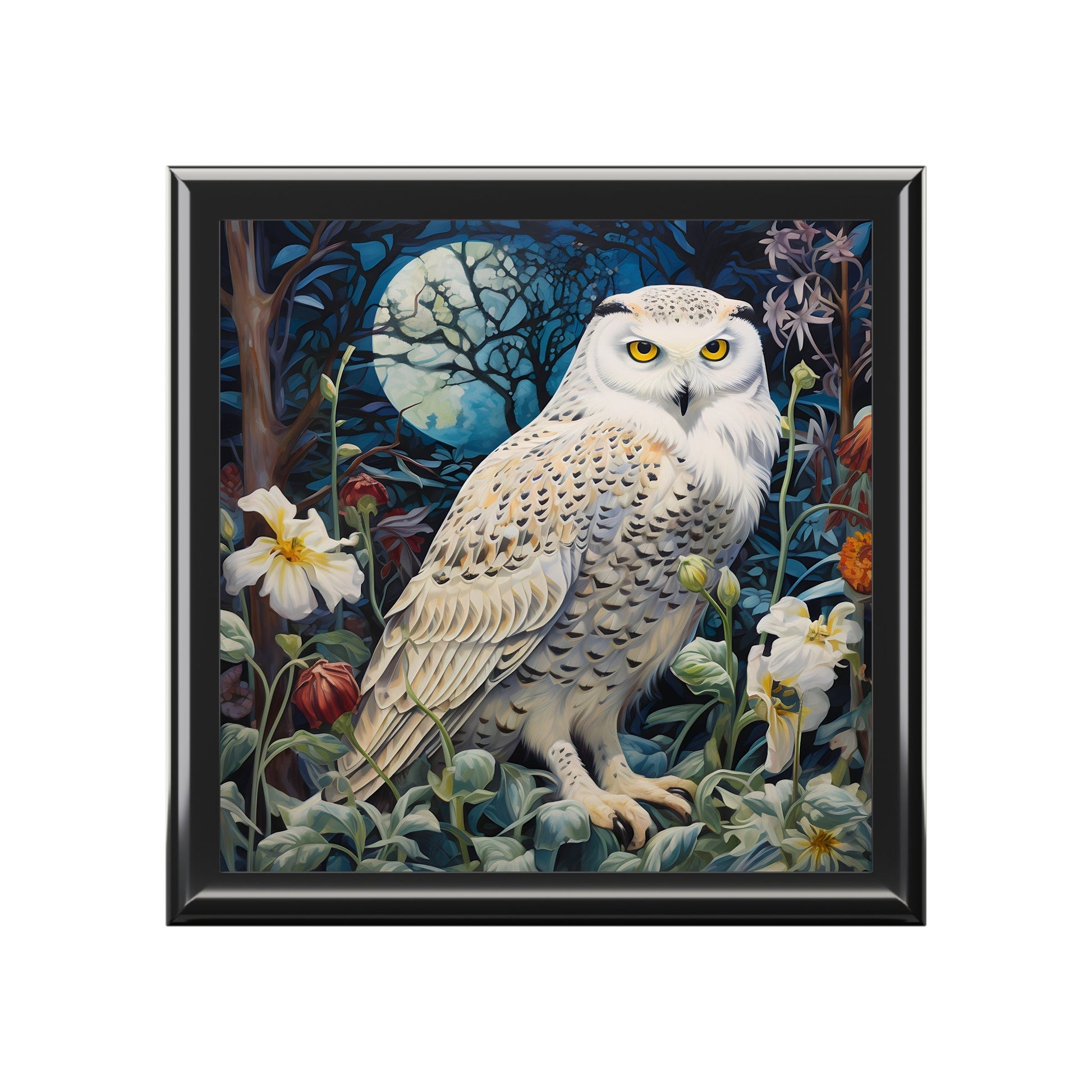 Stylized Snowy Owl on a Moonlit Night Art Print Gift and Jewelry Box