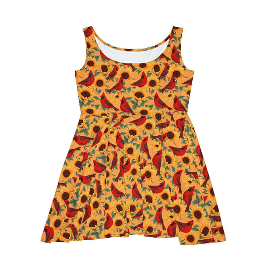 Sun Flowers and Cardinals Women's Skater Dress - Vintage 60's Style Bohemian Naturalist Dress