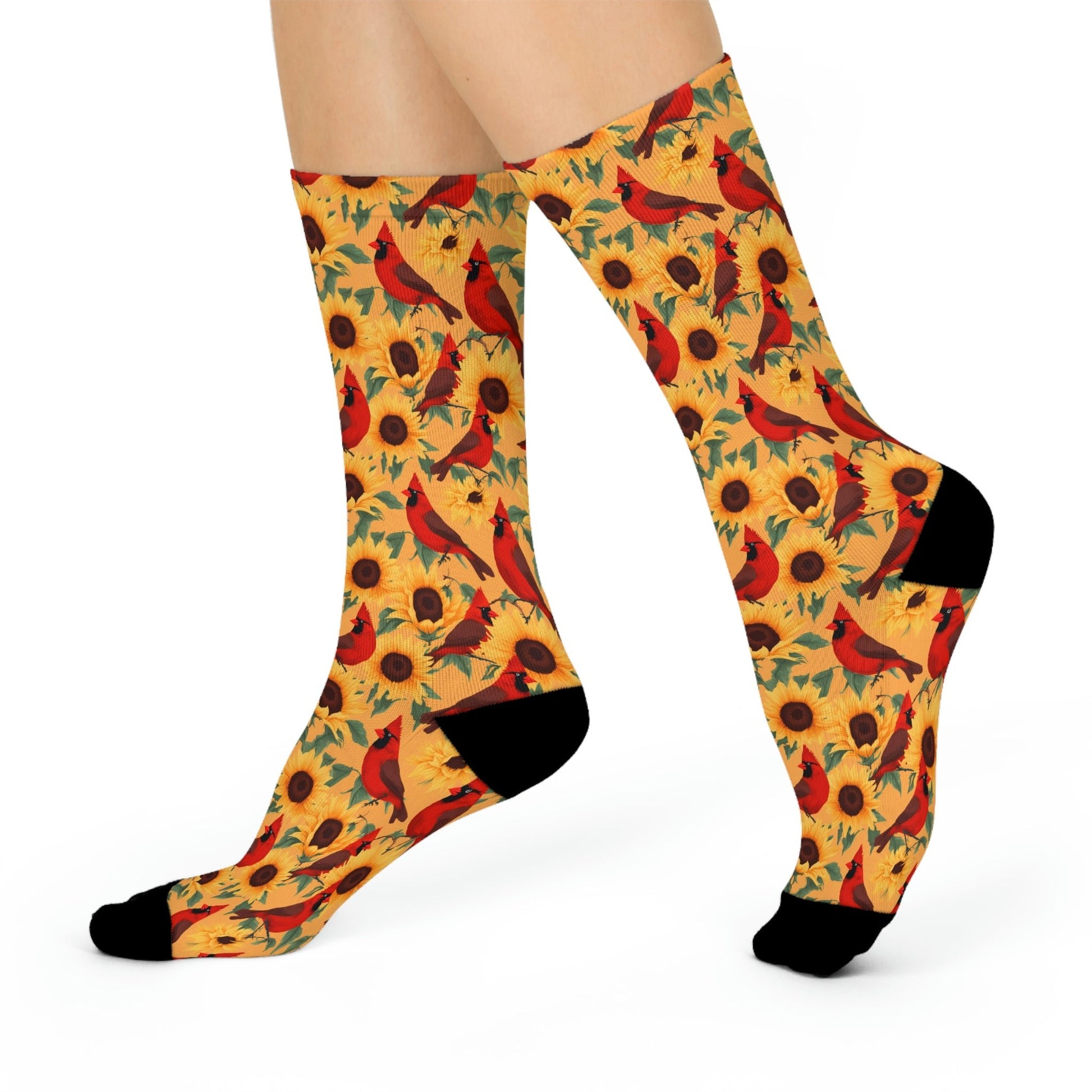 Sunflowers with Male Cardinal Bird Design Cushioned Crew Socks