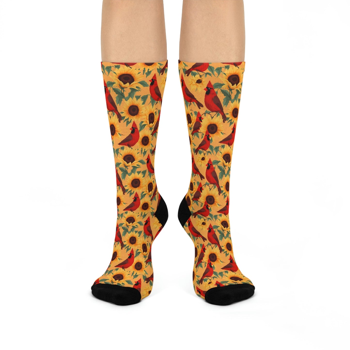 Sunflowers with Male Cardinal Bird Design Cushioned Crew Socks