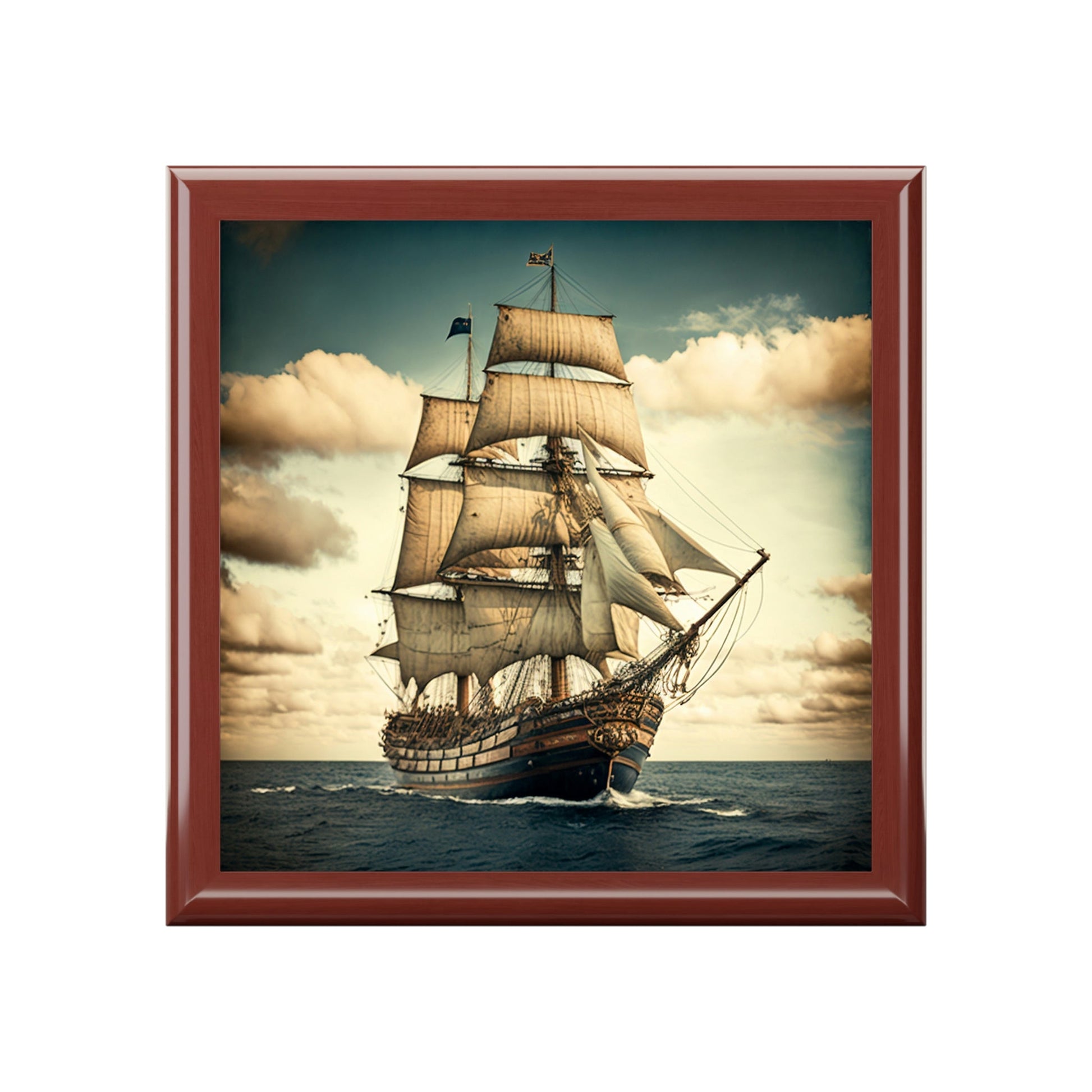 Tall Ship Wood Keepsake Jewelry Box with Ceramic Tile Cover