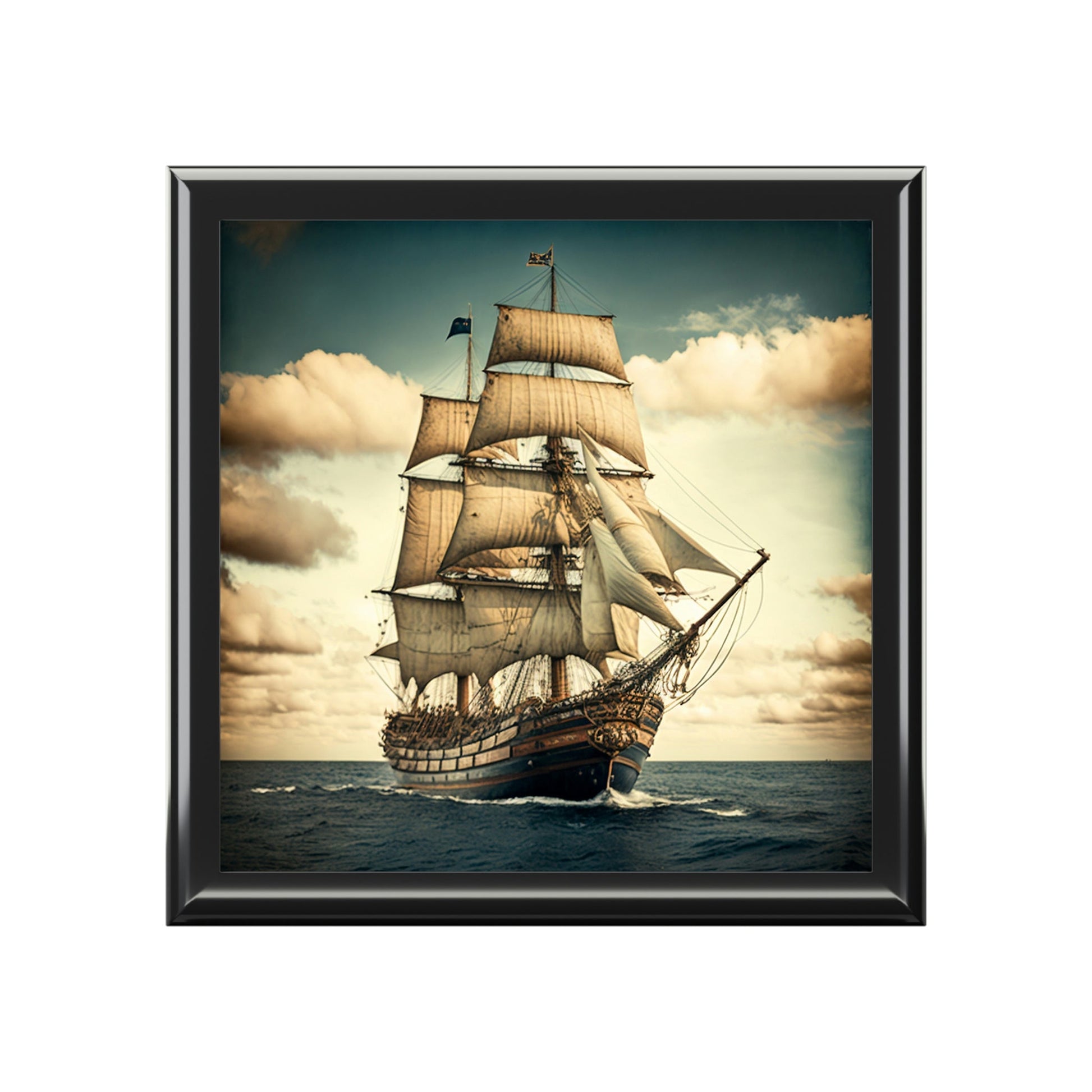 Tall Ship Wood Keepsake Jewelry Box with Ceramic Tile Cover