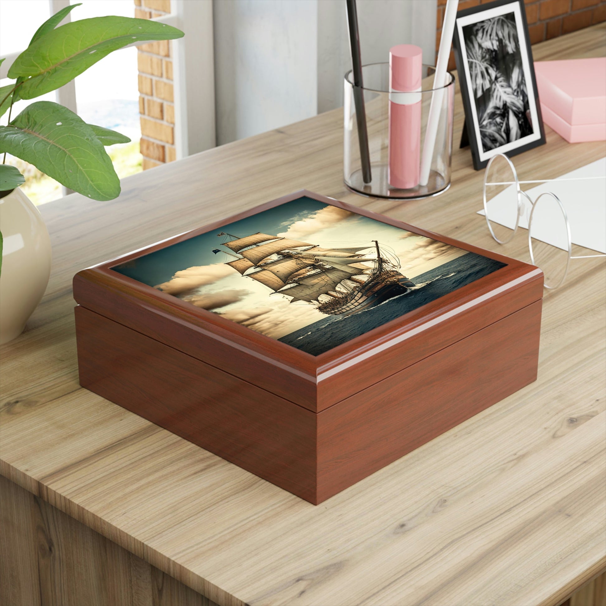 Tall Ship Wood Keepsake Jewelry Box with Ceramic Tile Cover