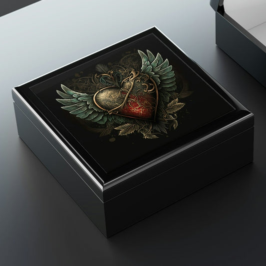 Tattoo Heart Wood Keepsake Jewelry Box with Ceramic Tile Cover