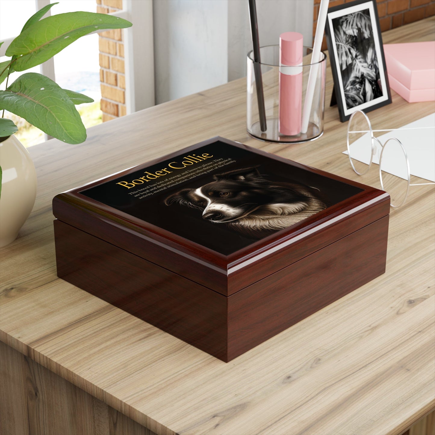 The Intrepid Border Collie Keepsake Jewelry Box with Ceramic Tile Cover