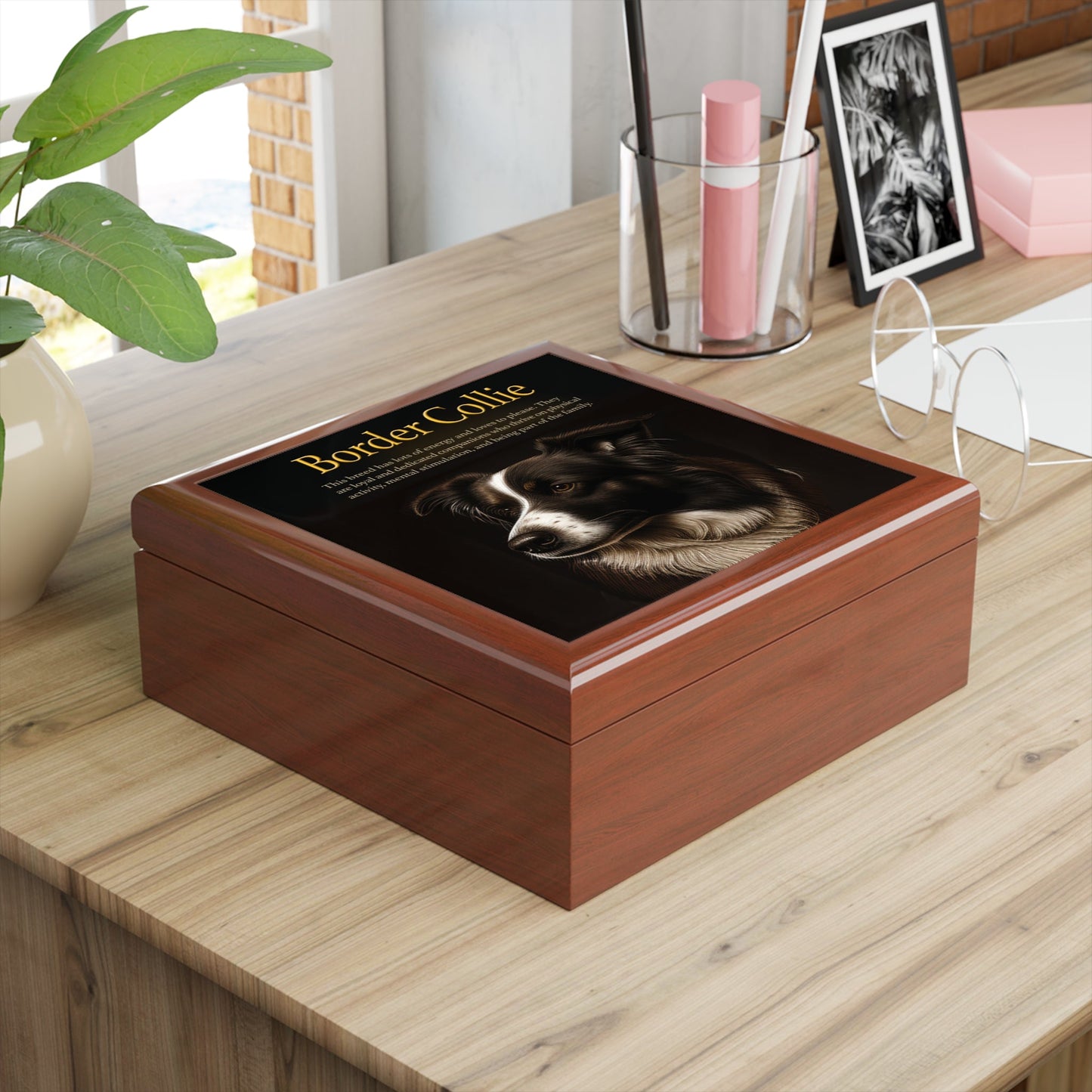 The Intrepid Border Collie Keepsake Jewelry Box with Ceramic Tile Cover