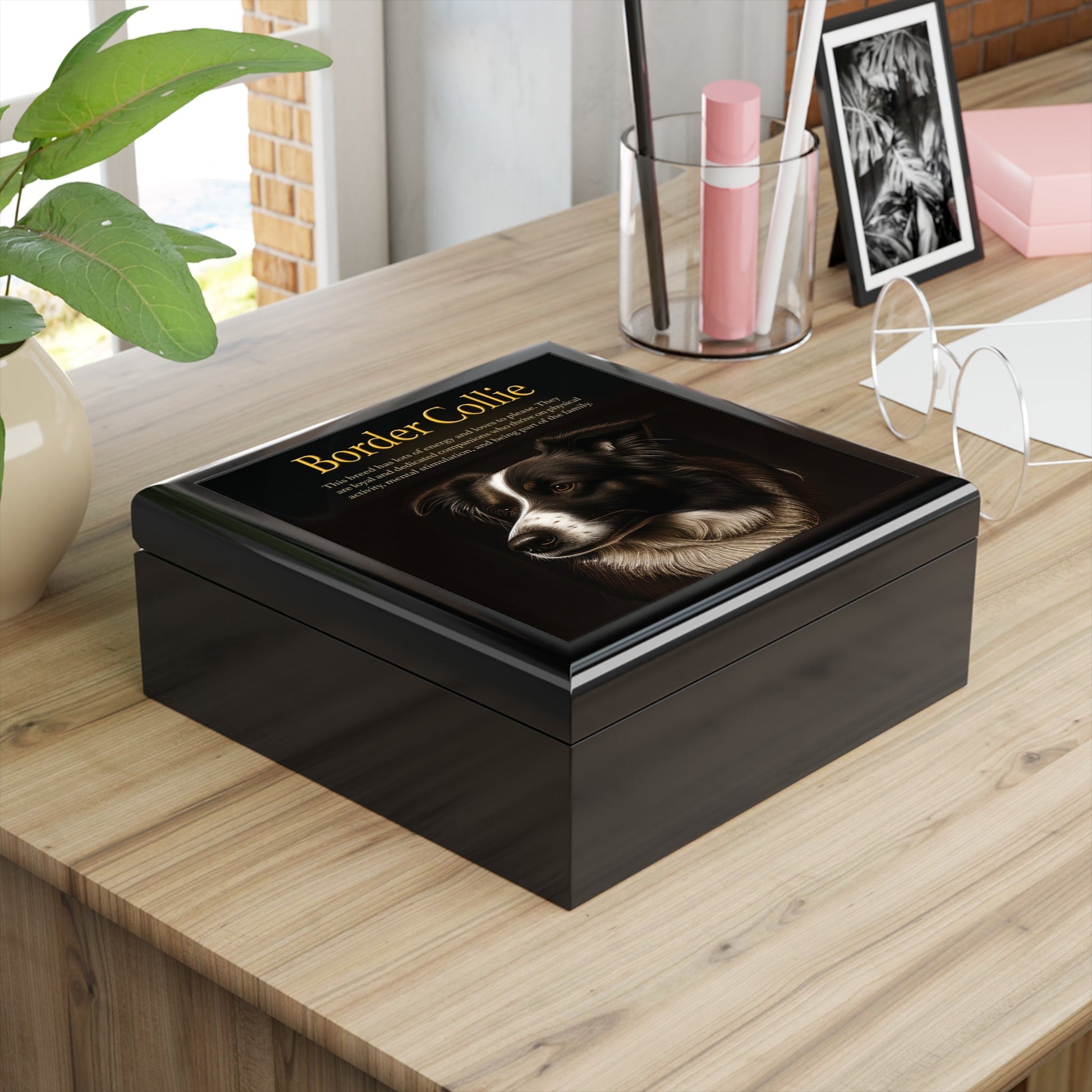 The Intrepid Border Collie Keepsake Jewelry Box with Ceramic Tile Cover