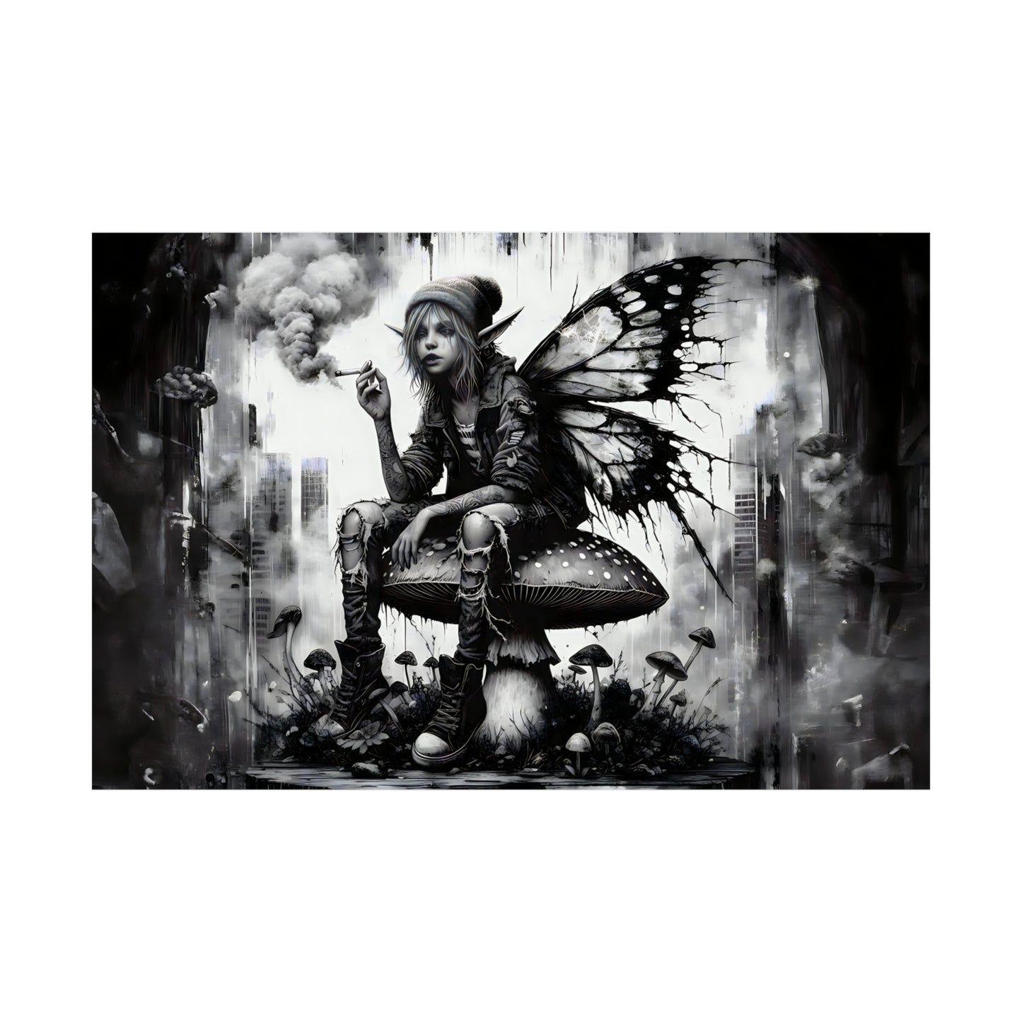 Toadstool Contemplation - Grunge Fairy & Mushroom Art Print on Matte Horizontal Poster