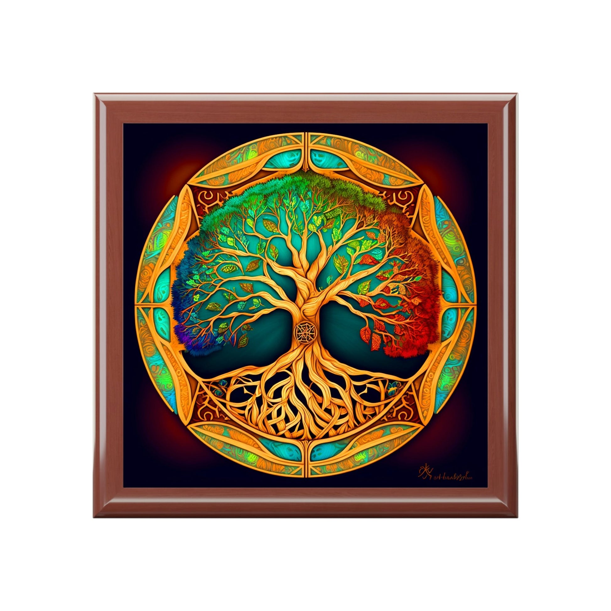 Tree of Life Wood Keepsake Jewelry Box with Ceramic Tile Cover