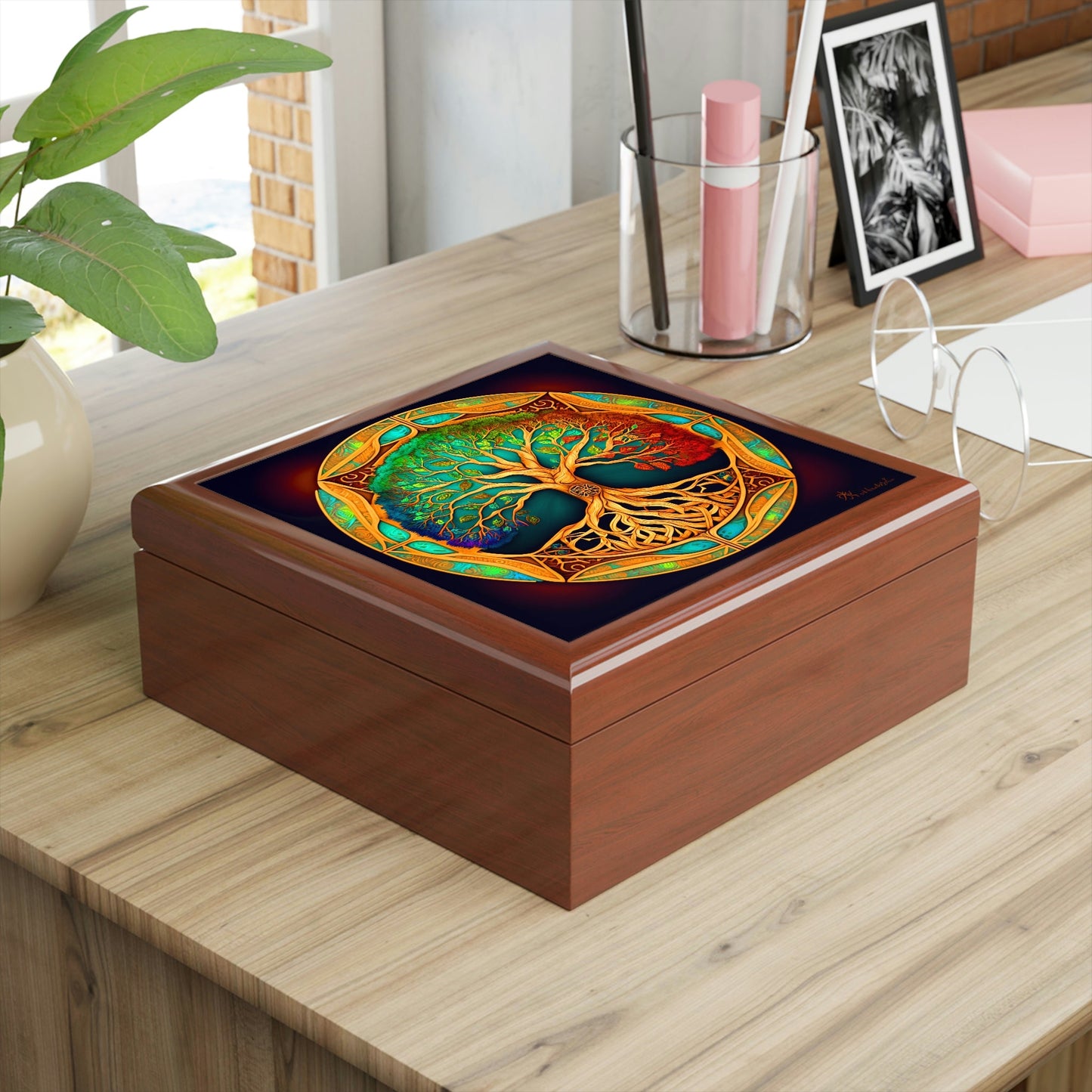 Tree of Life Wood Keepsake Jewelry Box with Ceramic Tile Cover