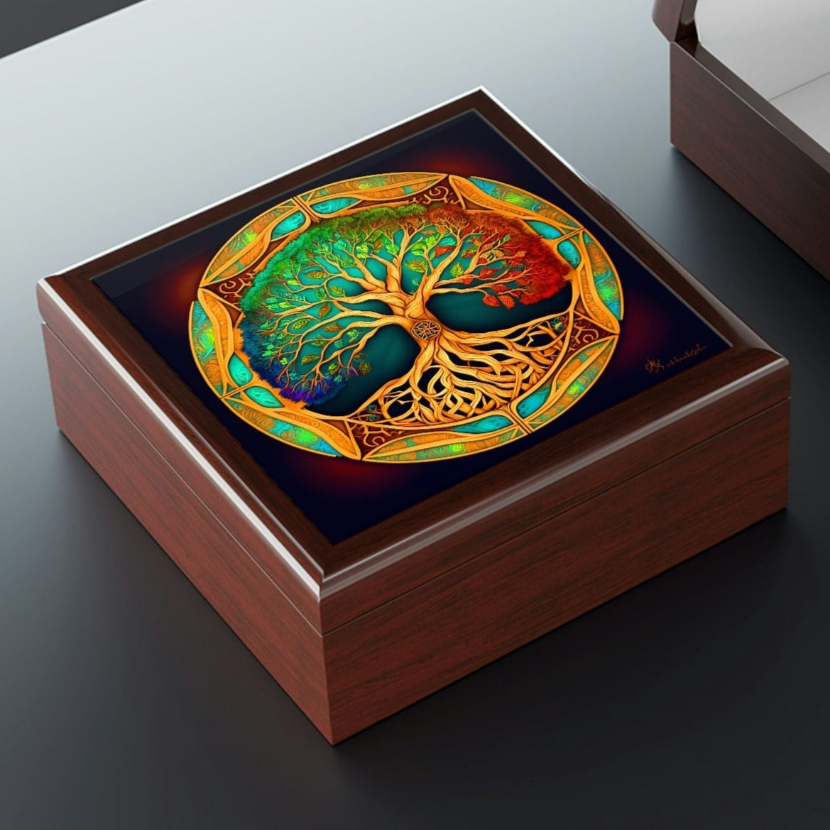 Tree of Life Wood Keepsake Jewelry Box with Ceramic Tile Cover