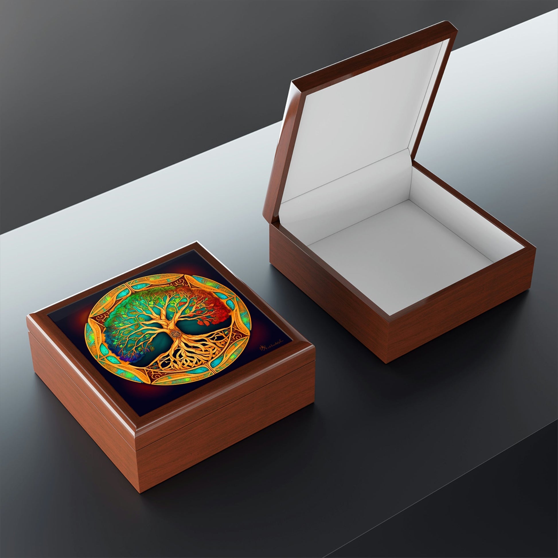 Tree of Life Wood Keepsake Jewelry Box with Ceramic Tile Cover