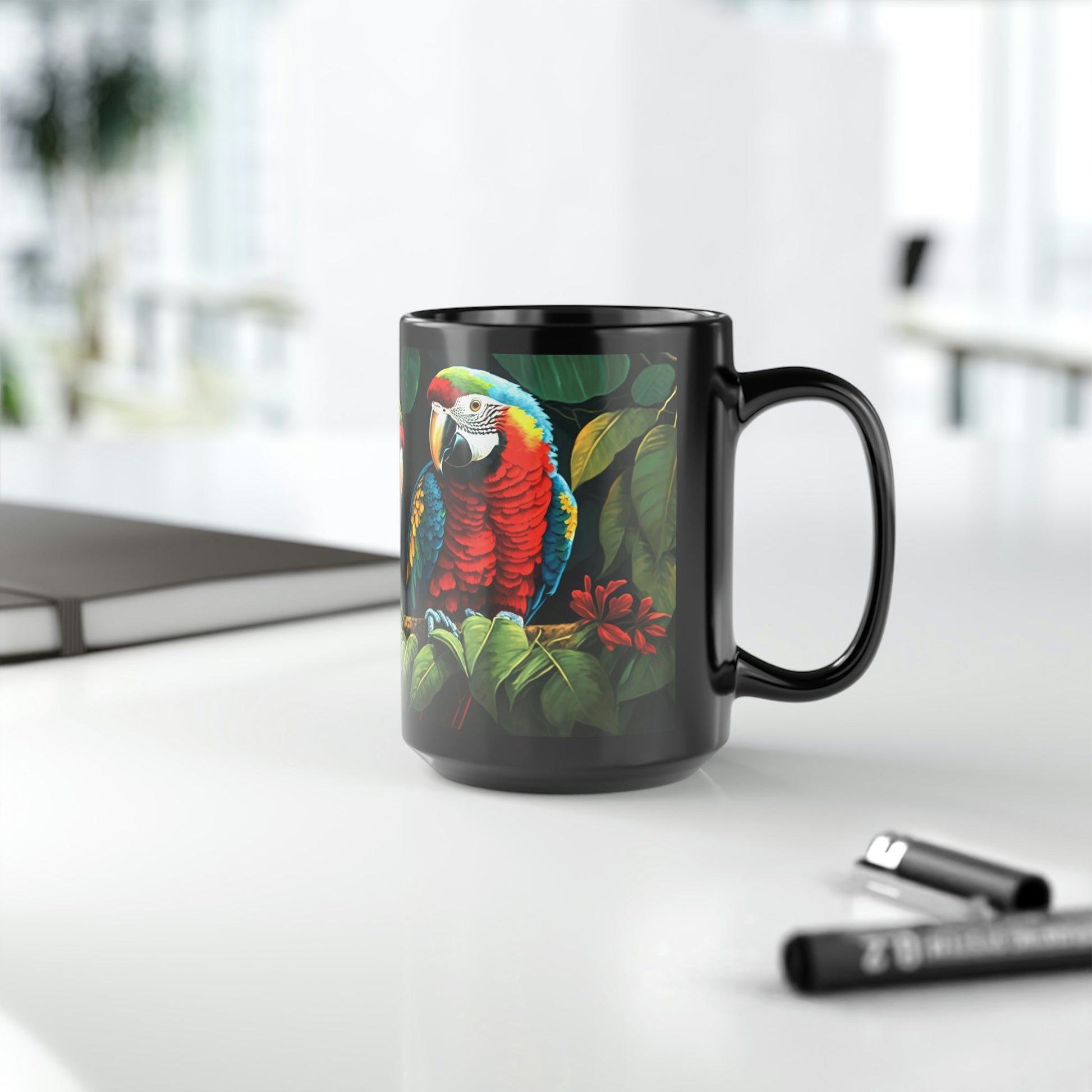 Two Amazon Parrots Sitting on a Branch in the Jungle - 15 oz Coffee Mug