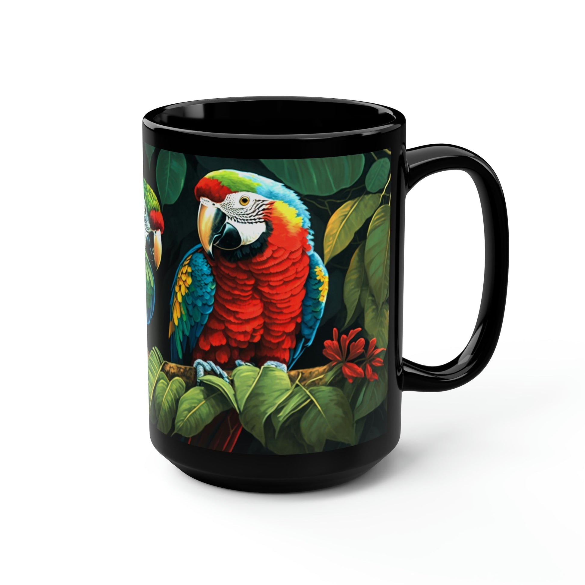 Two Amazon Parrots Sitting on a Branch in the Jungle - 15 oz Coffee Mug