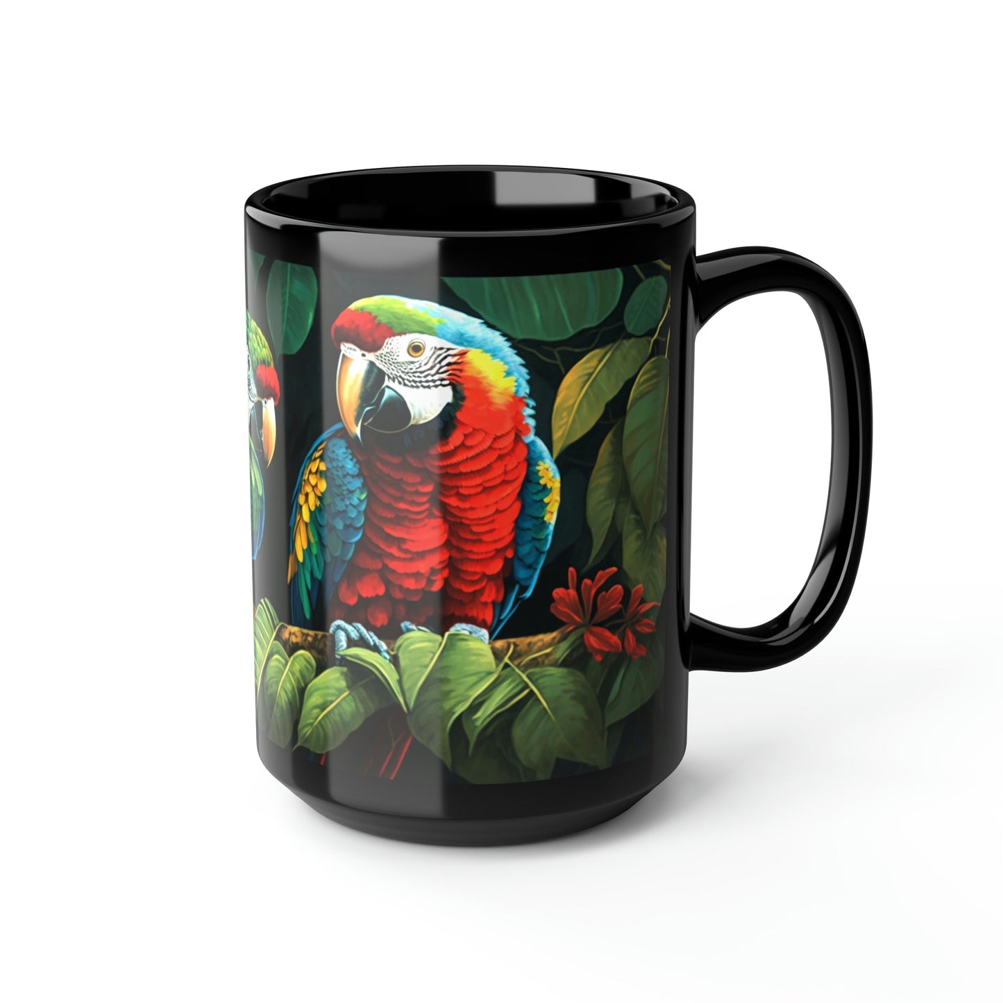 Two Amazon Parrots Sitting on a Branch in the Jungle - 15 oz Coffee Mug