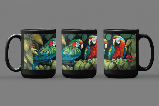 Two Amazon Parrots Sitting on a Branch in the Jungle - 15 oz Coffee Mug
