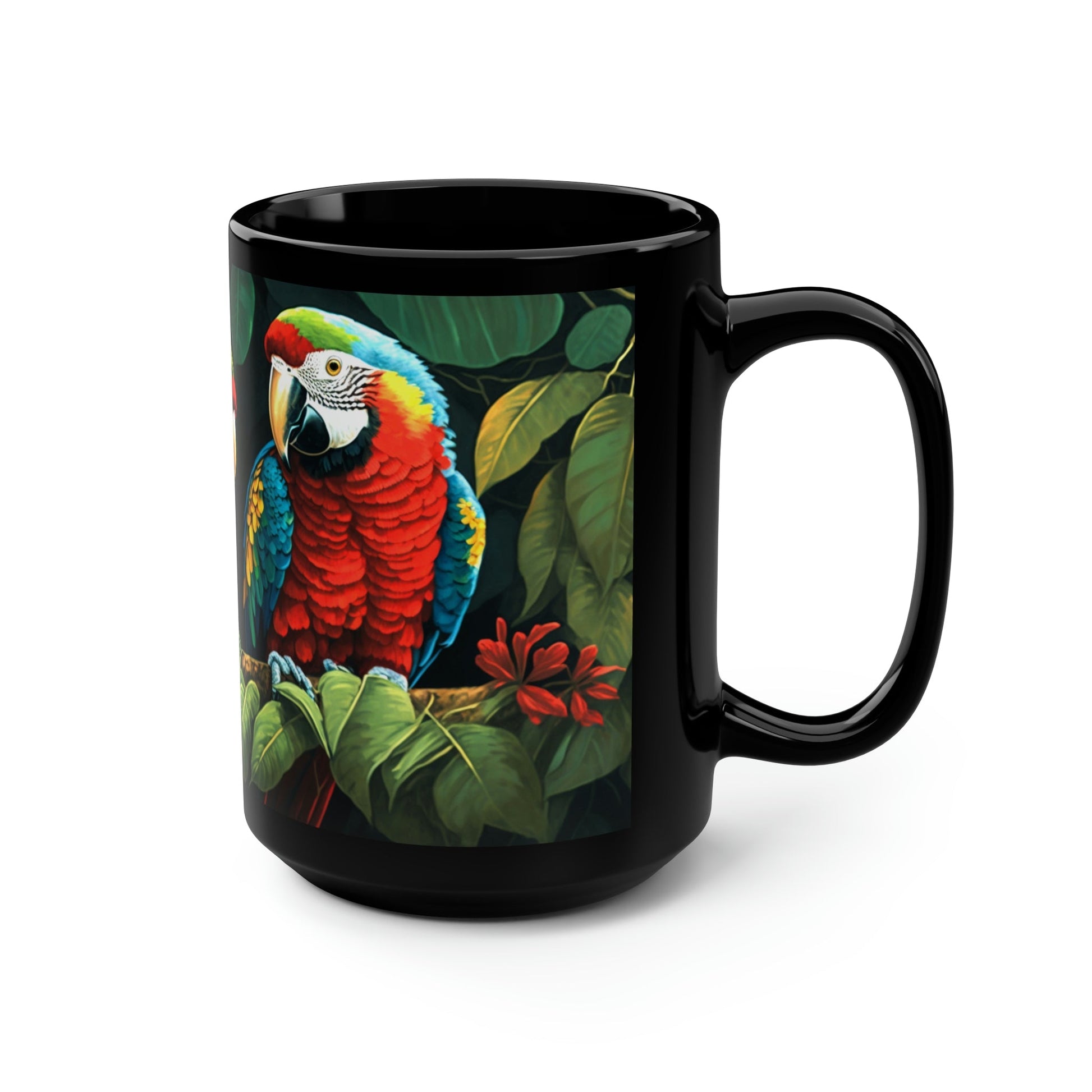 Two Amazon Parrots Sitting on a Branch in the Jungle - 15 oz Coffee Mug