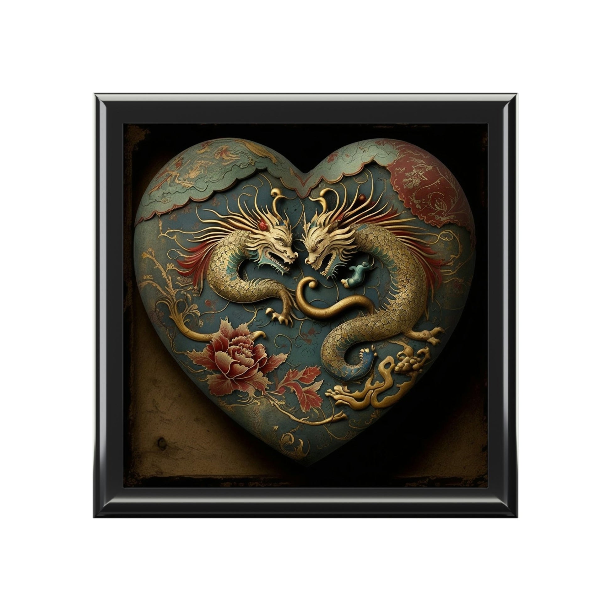 Two Dragons Heart Wood Keepsake Jewelry Box with Ceramic Tile Cover