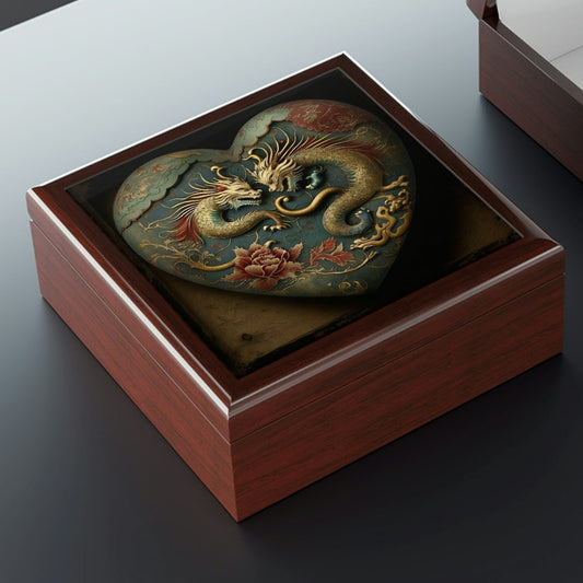 Two Dragons Heart Wood Keepsake Jewelry Box with Ceramic Tile Cover