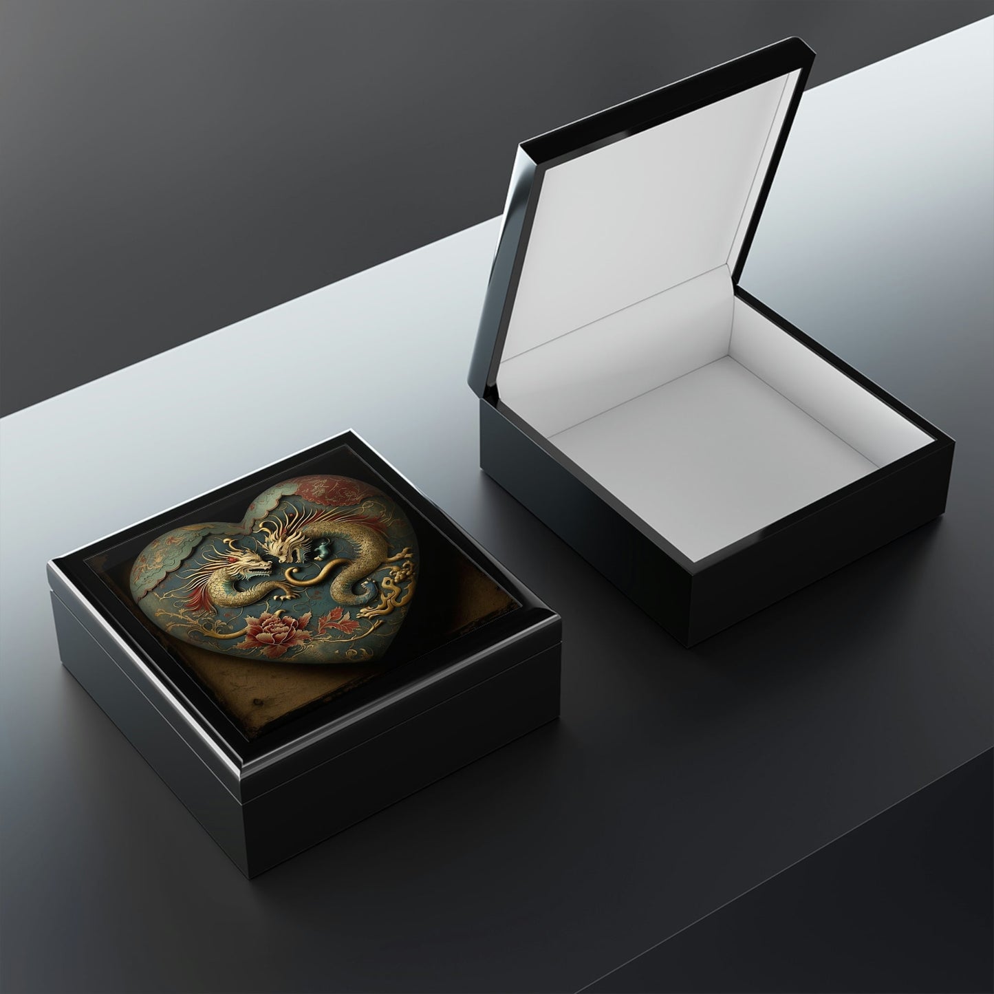 Two Dragons Heart Wood Keepsake Jewelry Box with Ceramic Tile Cover