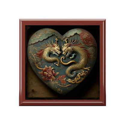 Two Dragons Heart Wood Keepsake Jewelry Box with Ceramic Tile Cover