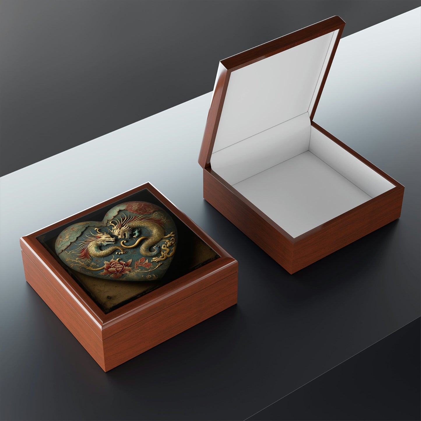 Two Dragons Heart Wood Keepsake Jewelry Box with Ceramic Tile Cover