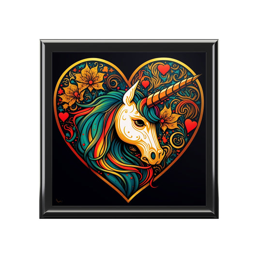 Unicorn Heart Wood Keepsake Jewelry Box with Ceramic Tile Cover