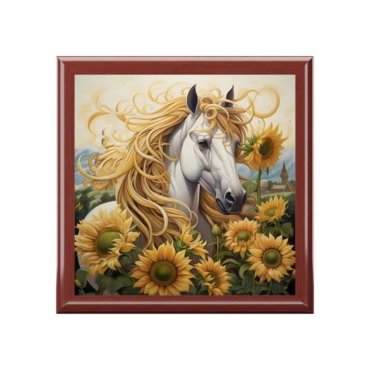 Unicorn with Sunflowers Subdued Colors Art Print Jewelry Box