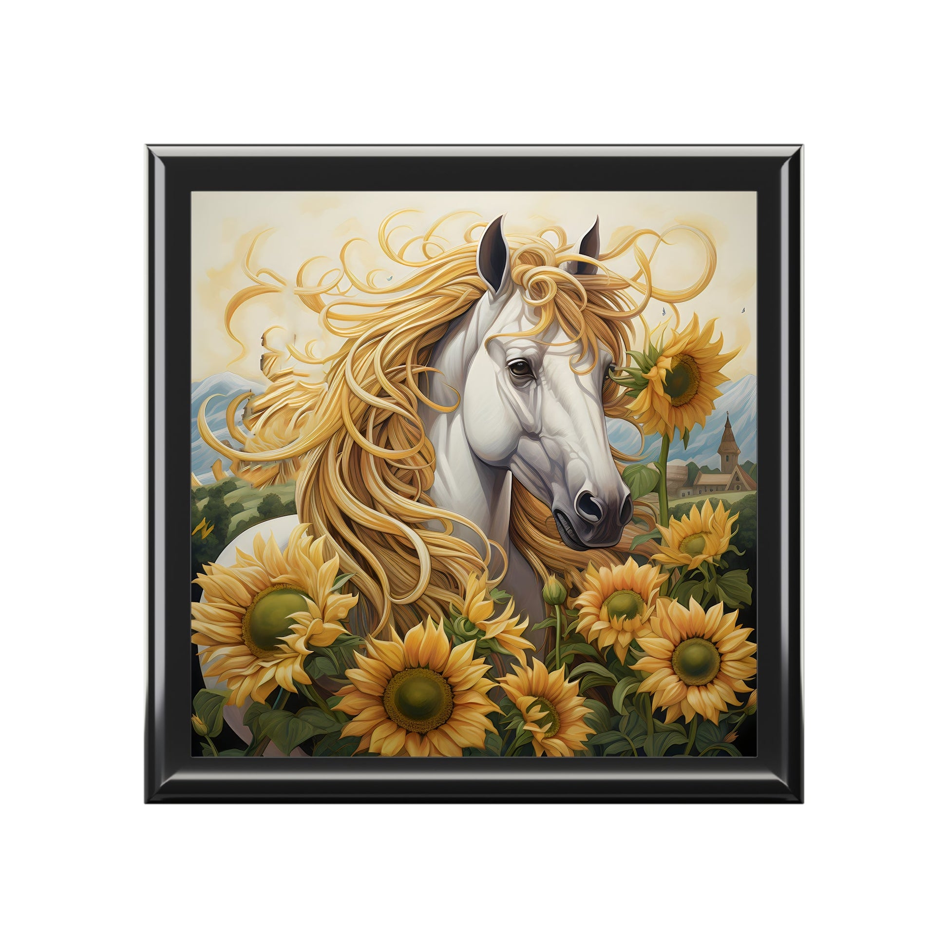Unicorn with Sunflowers Subdued Colors Art Print Jewelry Box