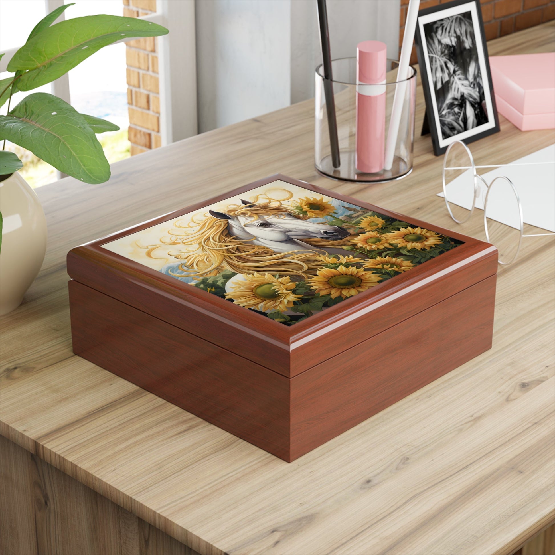 Unicorn with Sunflowers Subdued Colors Art Print Jewelry Box