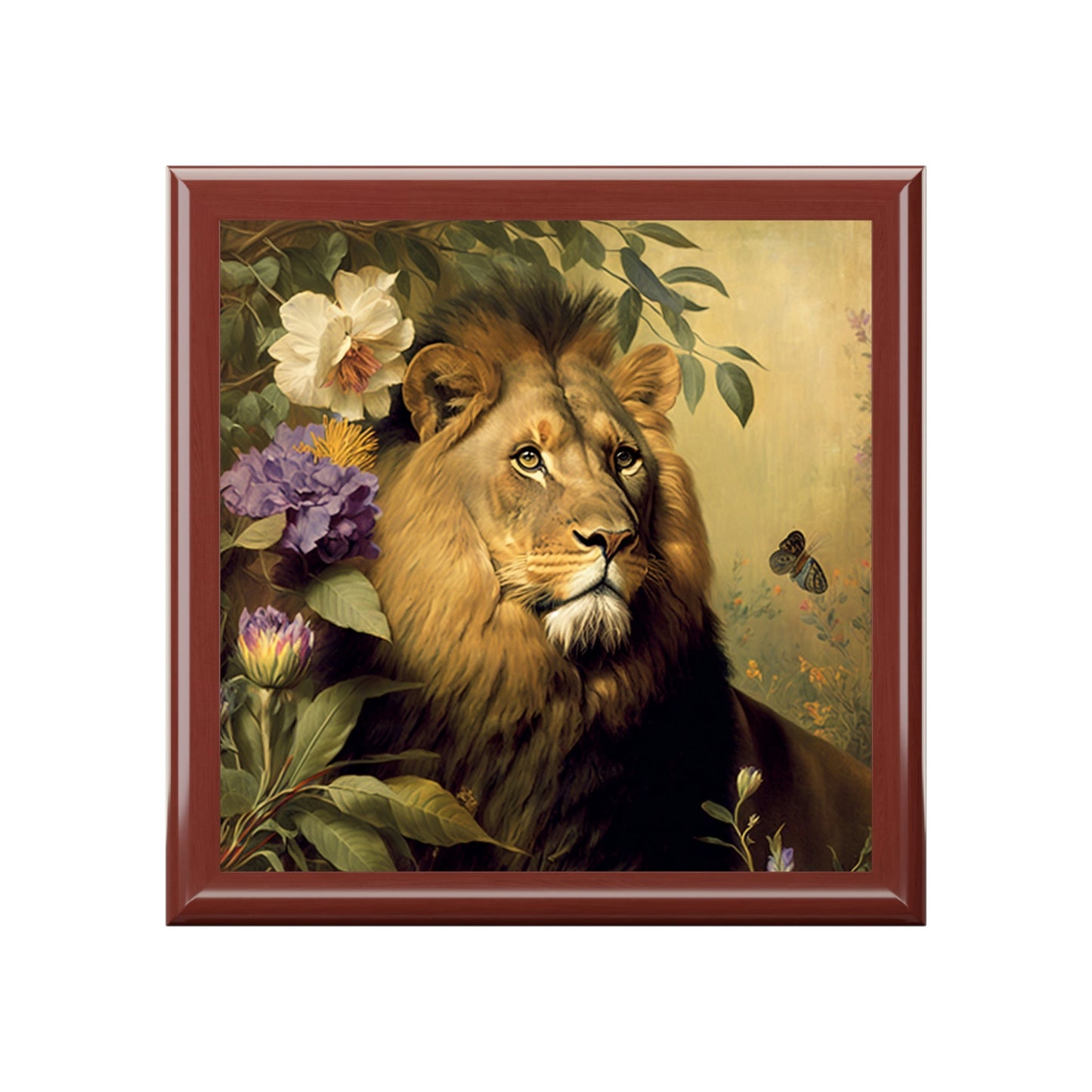 Vintage African Lion Wood Keepsake Jewelry Box with Ceramic Tile Cover