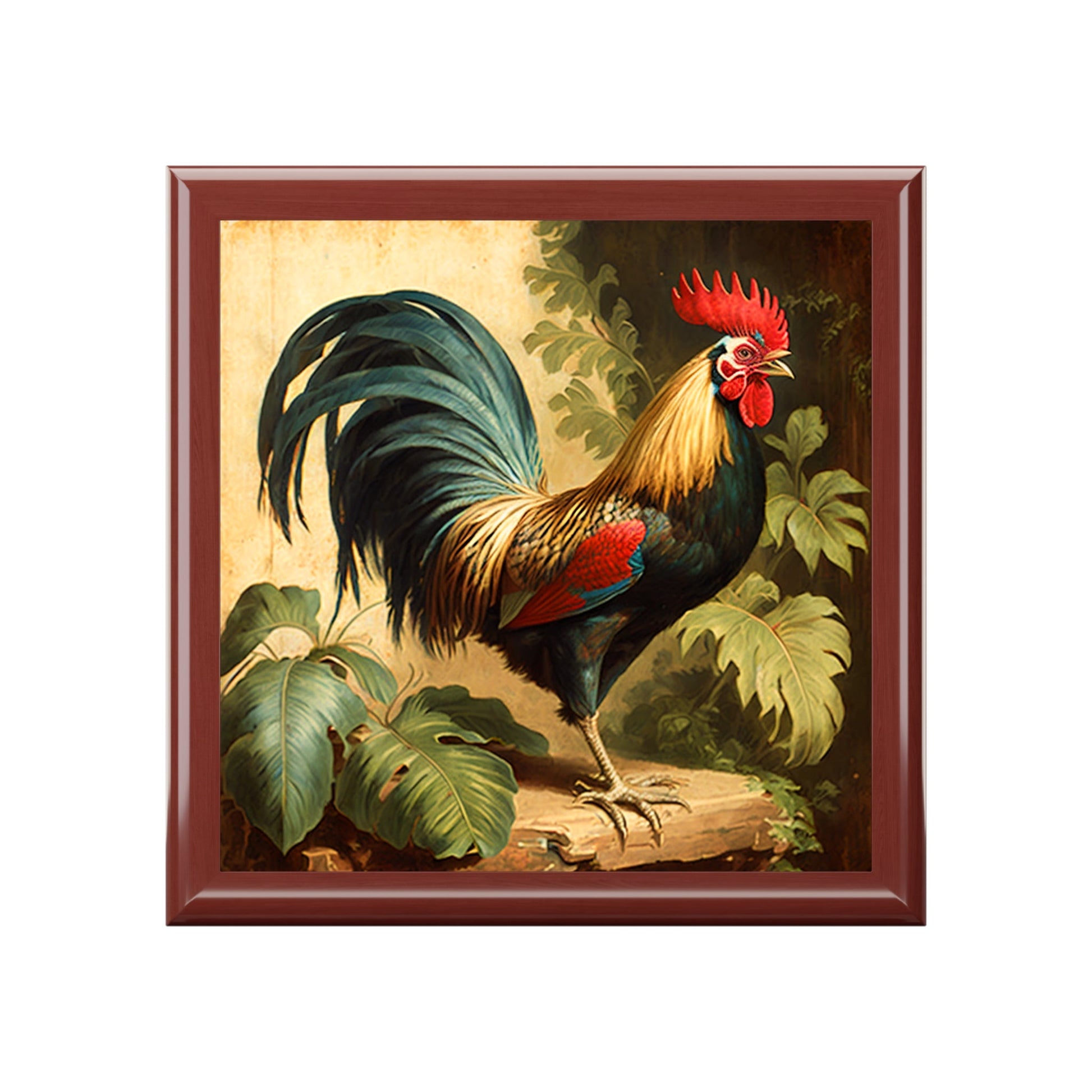 Vintage Antique Rooster Wood Keepsake Jewelry Box with Ceramic Tile Cover