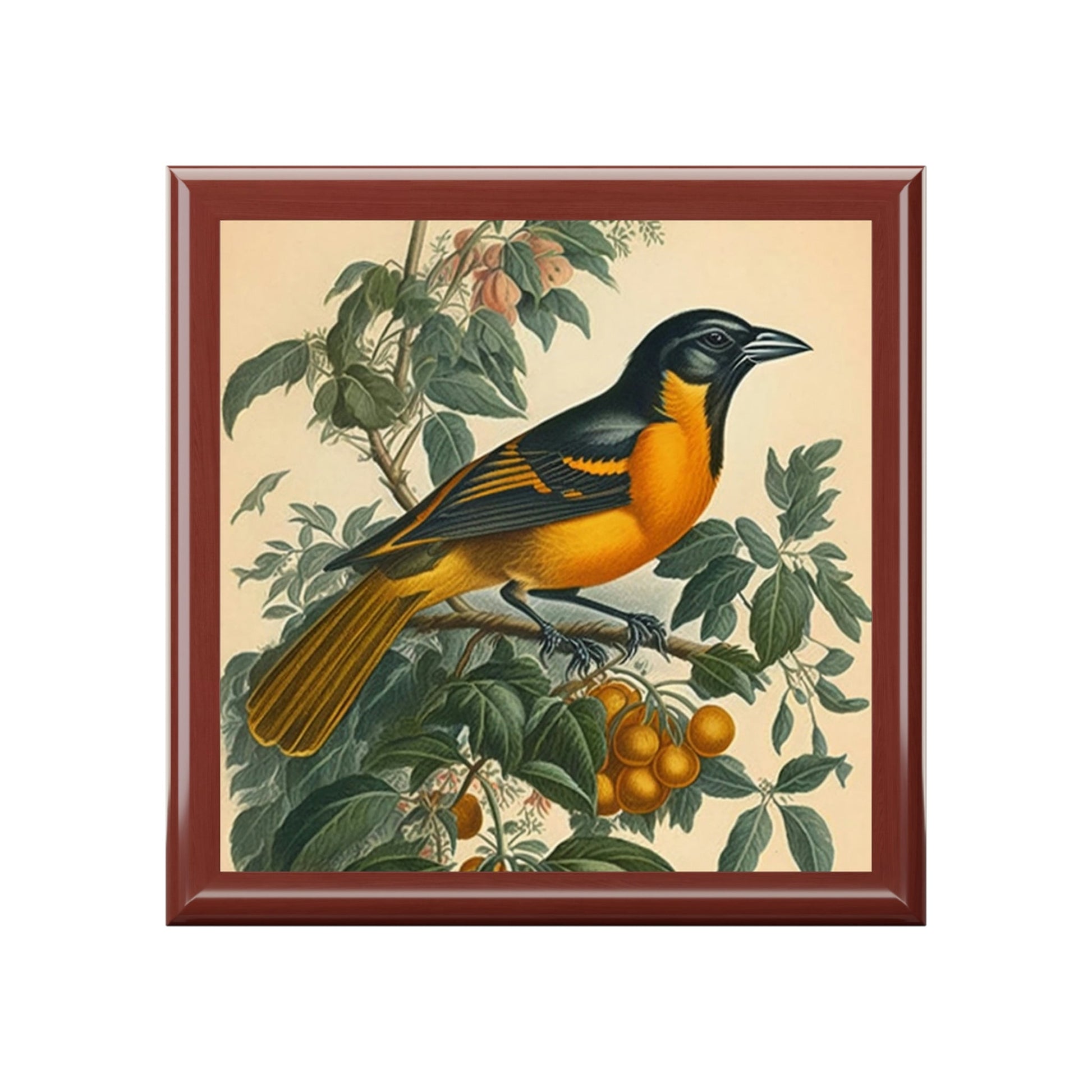 Vintage Baltimore Oriole Wood Keepsake Jewelry Box with Ceramic Tile Cover