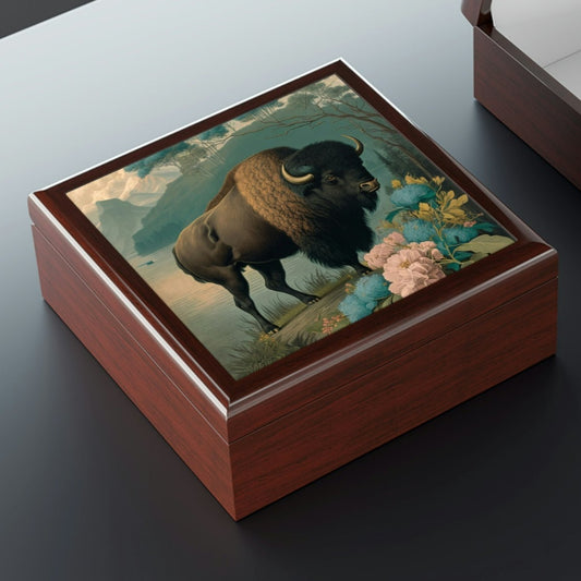Vintage Buffalo Wooden Keepsake Jewelry Box