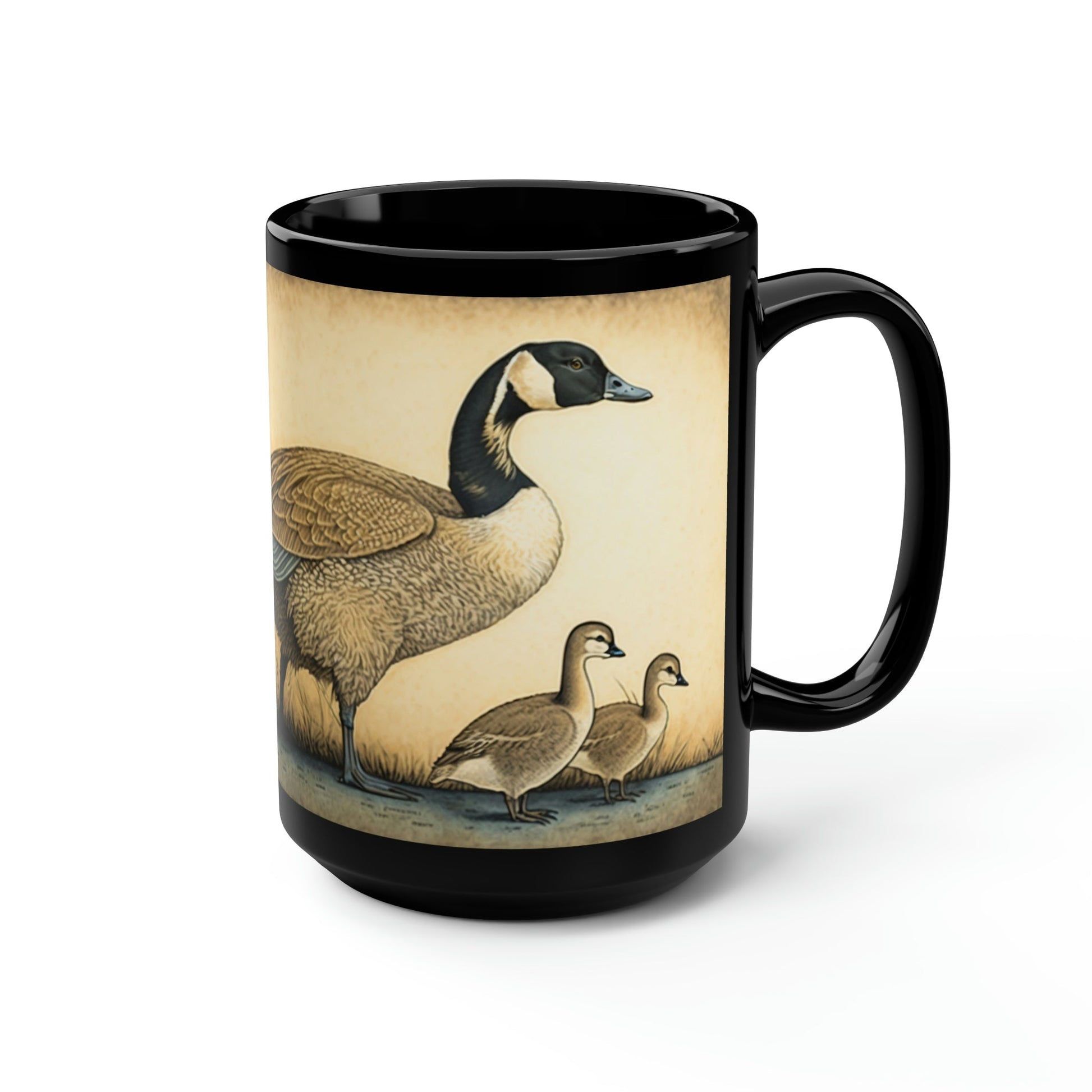 Vintage Canadian Geese Family - Goose and Gosslings - Black 15 oz Blck Coffee Mug