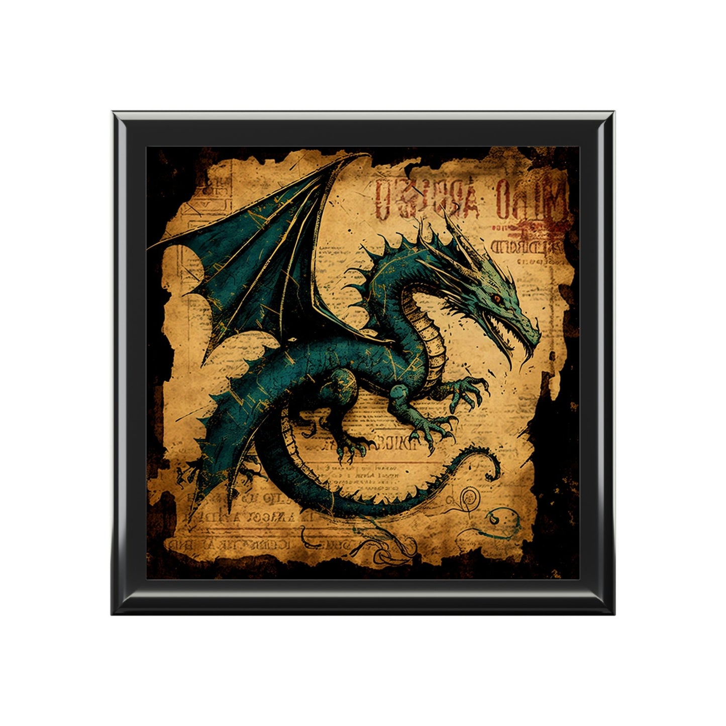 Vintage Dragon Wooden Keepsake Jewelry Box with Ceramic Tile Cover
