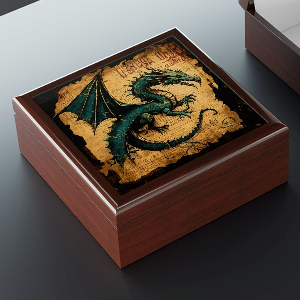 Vintage Dragon Wooden Keepsake Jewelry Box with Ceramic Tile Cover