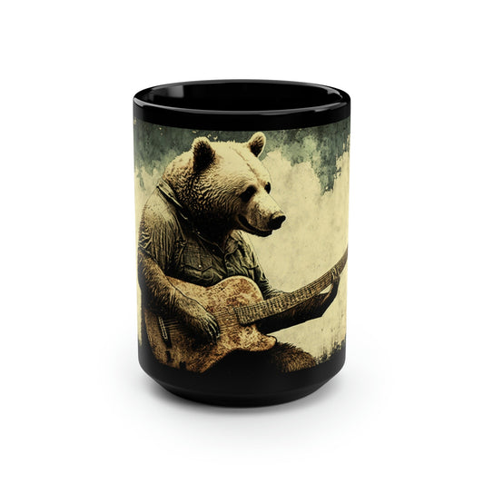 Vintage Grizzly Bear Playing Guitar - 15 oz Coffee Mug