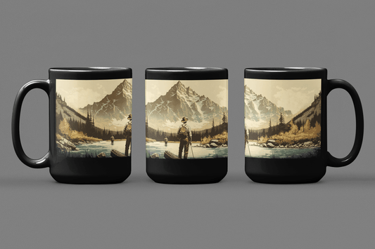 Vintage Hiking Fishing in Rocky Mountain Stream - 15 oz Coffee Mug
