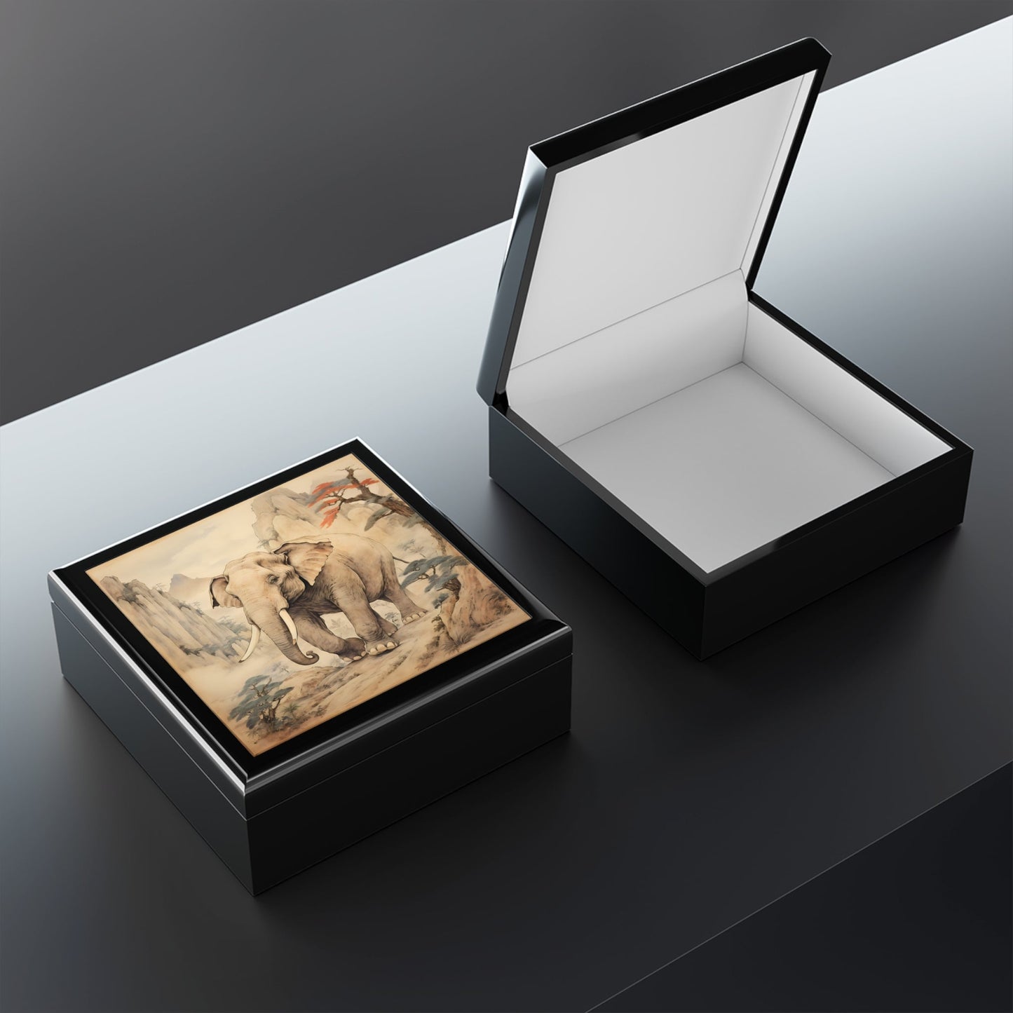 Vintage Japandi Style Elephant Artwork Gift and Jewelry Box