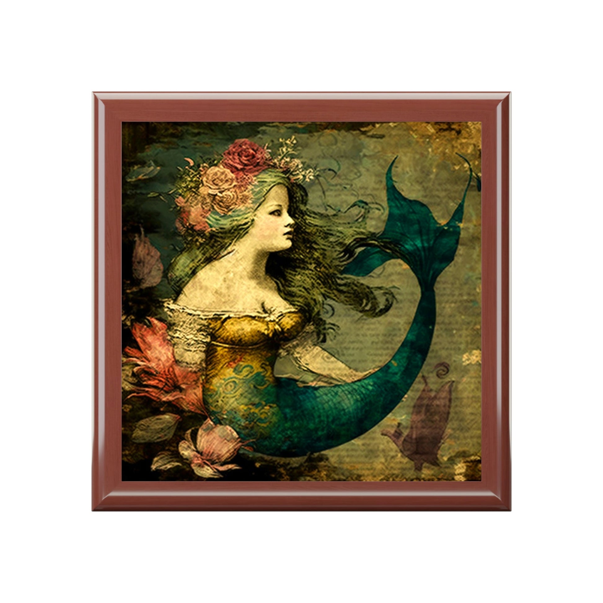 Vintage Mermaid Wood Keepsake Jewelry Box with Ceramic Tile Cover