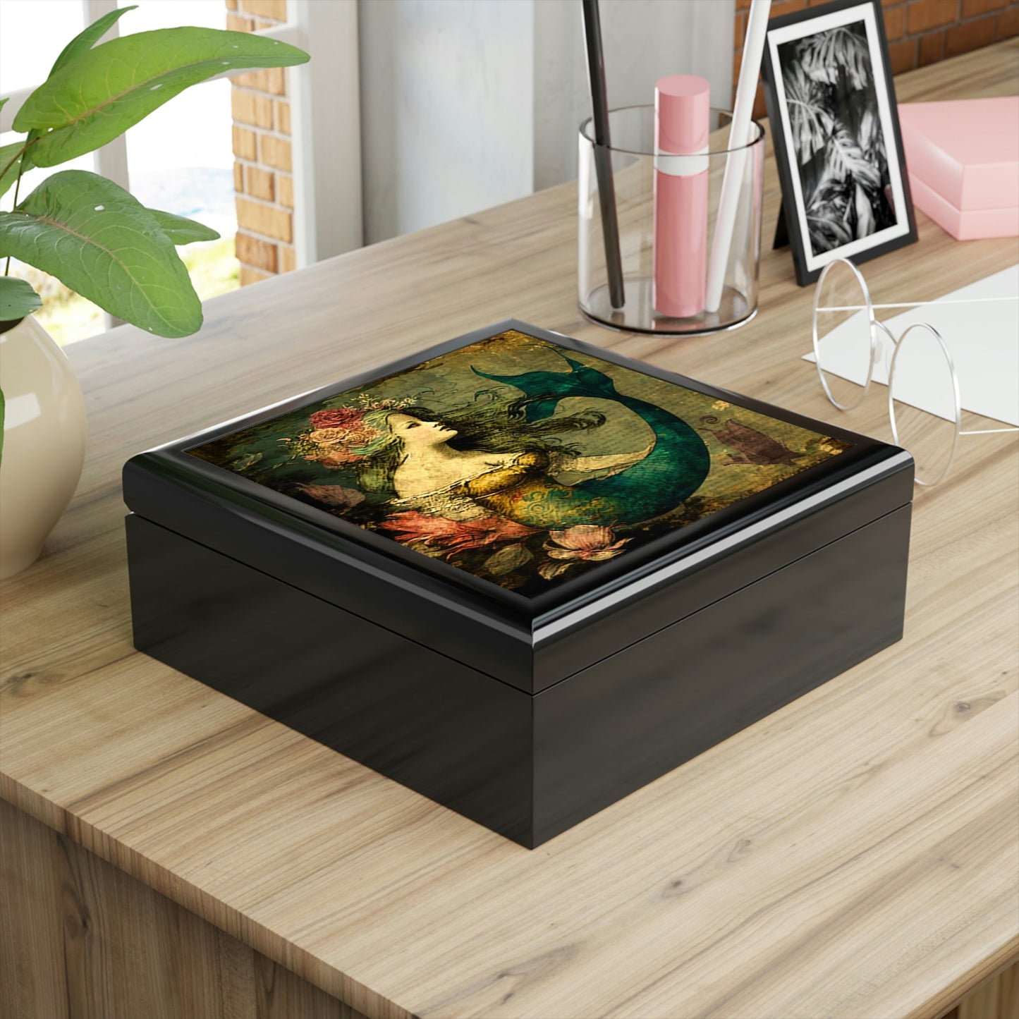 Vintage Mermaid Wood Keepsake Jewelry Box with Ceramic Tile Cover