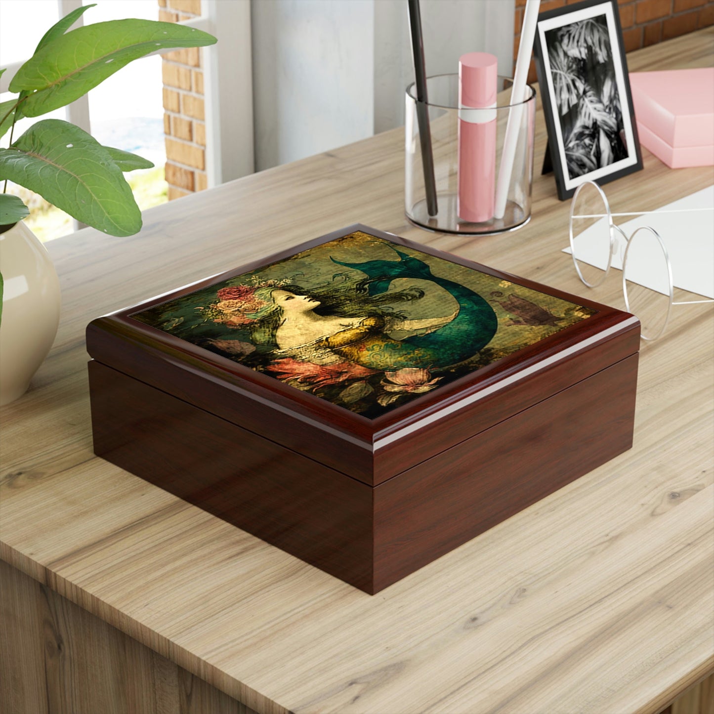 Vintage Mermaid Wood Keepsake Jewelry Box with Ceramic Tile Cover